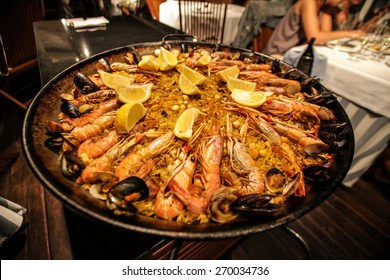 Traditional Paella served at restaurant in Barcelona, Spain 