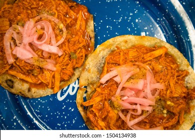 Traditional Panuchos On Plate At Market In Mexico City (Overhead)