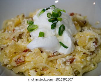 Traditional Pasta With Bacon, Cottage Cheese And Spring Onions