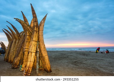 Traditional Peruvian small Reed Boats (Caballitos de Totora), straw boats still used by local fishermens in Peru