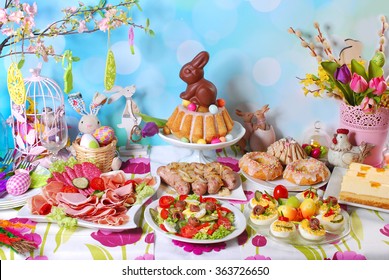 traditional in Poland easter breakfast on festive table