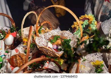 Traditional Polish Easter Baskets With Food - Holy Saturday, Easter Eve In Poland