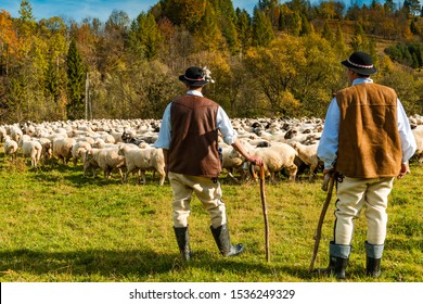 Traditional Polish Highland Shepherds In Regional Clothing At Sheep Pasture.