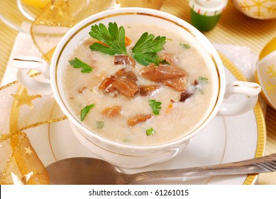 Traditional Polish Mushroom Soup With Cream For Christmas In White Elegance Dishware