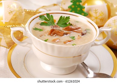 Traditional Polish Mushroom Soup With Cream For Christmas In White Elegance Dishware