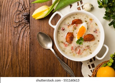 Traditional Polish White Borsch With Easter Decoration. Top View