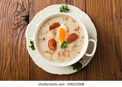 Traditional Polish White Borsch With Easter Decoration. Top View