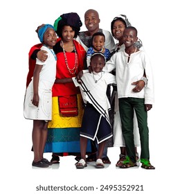 Traditional, portrait and African family generations in studio with fashion for cultural celebration. Happy, hugging and Xhosa children with parents in attire for heritage by white background. - Powered by Shutterstock