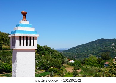 Traditional Portuese chimney with views across the Monchique mountains, Monchique, Algarve, Portugal, Europe.