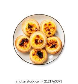 Traditional Portuguese Egg Tart Dessert Pastel De Nata. Isolated On White Background, Top View	