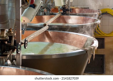 Traditional process of making from cow milk wheels of parmigiano-reggiano parmesan cheese on small cheese farm in Parma, Reggio-Emilia, Italy