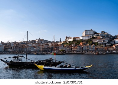 Traditional Rabelo boats moored in Porto, Portugal. - Powered by Shutterstock