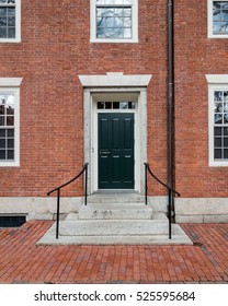 Traditional Red Brick College Dorm Doorway Without Identifying Marks.