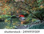 Traditional red bridge in Japanese garden during autumn time.