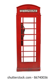 Traditional Red British Telephone Booth Isolated On White Background