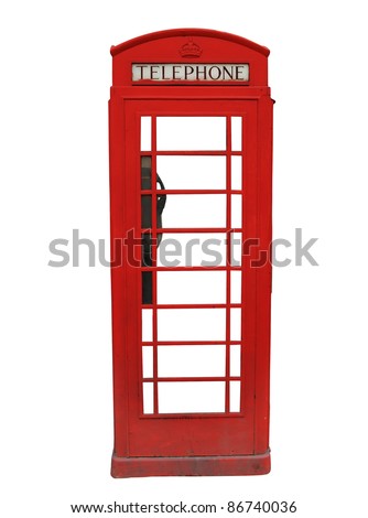 Traditional red British telephone booth isolated on white background
