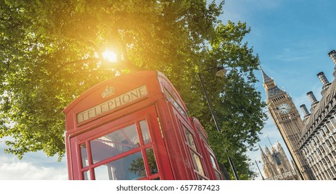 Traditional Red British Telephone Box With Big Ben At Summer In London