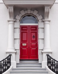 Traditional Red Front Entrance Door In Classic Grand Victorian Georgian Edwardian Style
