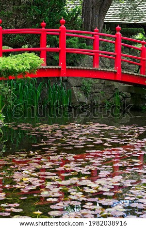 Traditional red Japanese bridge in the gardens