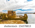 Traditional reed boat lake Titicaca,Peru,Puno,Uros,South America,Floating  Islands,natural layer about one to two meters thick that support islands
