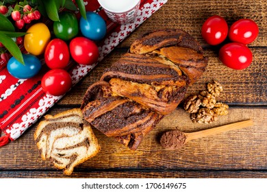 Traditional Romanian Easter Table With Cozonac And Pasca Meaning Sweetbread And Matzo An Unleavened Flatbread That Is Part Of Jewish Cuisine And Forms An Integral Element Of The Passover. Happy Easter