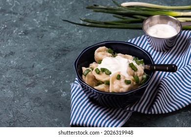 Traditional russian pelmeni or meat dumplings with sour cream. Homemade organic dinner