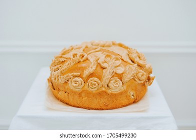 Traditional Russian Round Loaf - Karavay, Holiday Decorated Pot Pie, Isolated On White (top View)