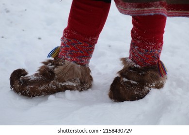 Traditional Saami Boots Worn By A Saami Woman In Swedish Lapland