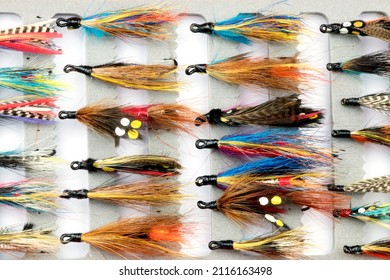 Traditional salmon fishing flies stored in a modern fly box
