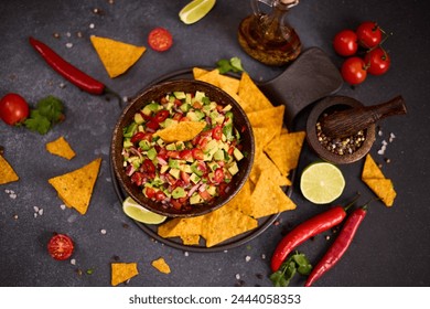 traditional salsa dip snack in wooden bowl and corn nacho chips on a table with ingredients