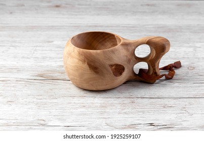 Traditional Sami Empty Wooden Cup On A Wooden Table. Kuksa. Finnish Wooden Cups. Finnish Culture.