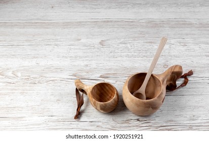 Traditional Sami Empty Wooden Cups On A Wooden Table. Kuksa. Finnish Wooden Cups. Finnish Culture.