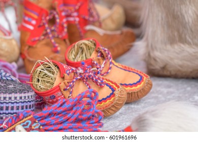 Traditional Sami Handmade Leather Footwear For Children Made From Reindeer Hide 