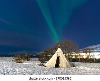 Traditional Sami Reindeer-skin Tents (lappish Yurts) In Troms Region Of Norway 