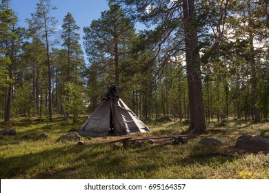 Traditional Sami Tent Or Tipi In The Woods In Lapland, Finland