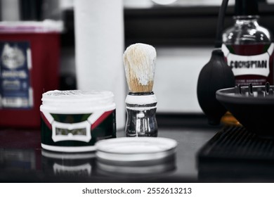 Traditional shaving tools on a countertop in a barber shop - Powered by Shutterstock