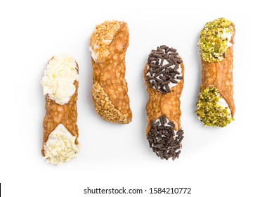 Traditional sicilian canolis on white background. Top view.
