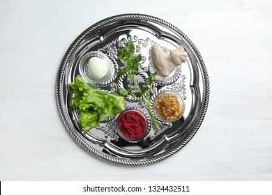 Traditional Silver Plate With Symbolic Meal For Passover (Pesach) Seder On Wooden Background, Top View