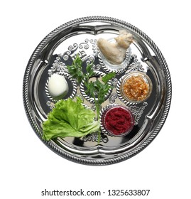 Traditional Silver Plate With Symbolic Meal For Passover (Pesach) Seder On White Background, Top View