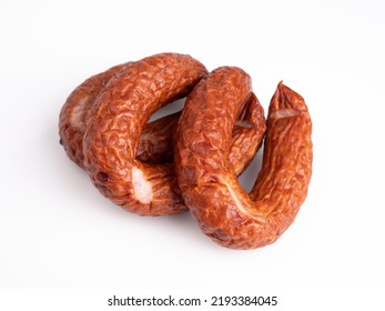 Traditional Smoked Pork Sausage, Isolated. Polish Meat Sausage, A Packshot Photo For Package Design, Horizontal View.. 