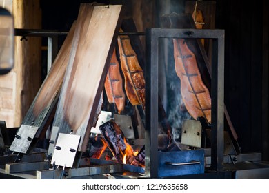 Traditional Smoked Salmon  -  Smokehouse with fire.
