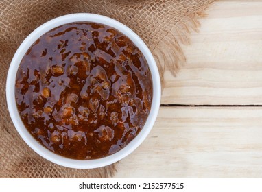 Traditional South African Fruit Chutney, A Popular Condiment In A White Bowl With Copy Space