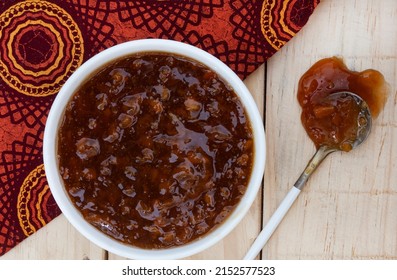 Traditional South African Fruit Chutney, A Popular Condiment In A White Bowl With Copy Space