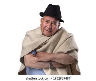 Traditional South American Peasant, Andean Farmer With Black Hat And White Wool Coat.