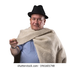 Traditional South American Peasant Questioning Himself About The Yield Of His Crops, Andean Farmer With Black Hat And White Wool Coat.