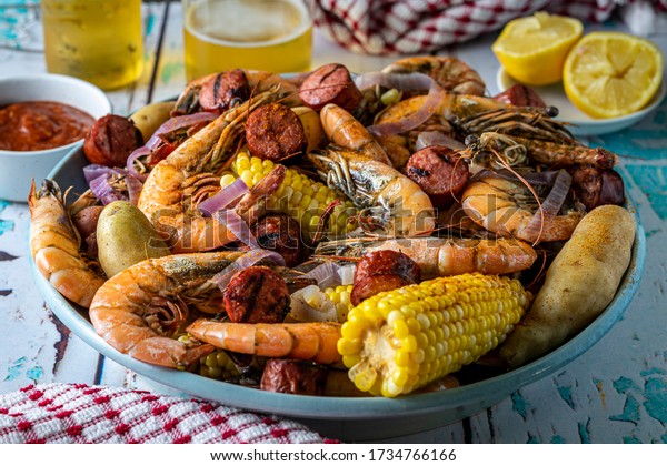 Traditional Southern U.S. Low Country boil. A
Summertime feast.