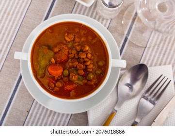 Traditional Spanish Lentil Soup With Vegetables, Which Has An Original Rich Taste And Useful Properties