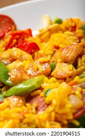 Traditional Spanish Paella With Seafood And Chicken Meat - Close Up View