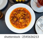 Traditional Spanish tripe dish Callos de ternera with tomato and paprika sauce