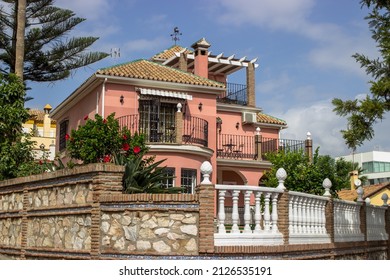 Traditional Spanish Villa, House Exterior In Malaga, Andalucia, Spain, Europe. Spain Villa With Beautiful Deep Blue Sky In The Background